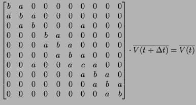 $ \begin{bmatrix}
b & a & 0 & 0 & 0 & 0 & 0 & 0 & 0 & 0 \\
a & b & a & 0 & 0 & ...
... \\
\end{bmatrix}\cdot \overline{V(t + \Delta t)} = \overline{V(t)}
\nonumber
$